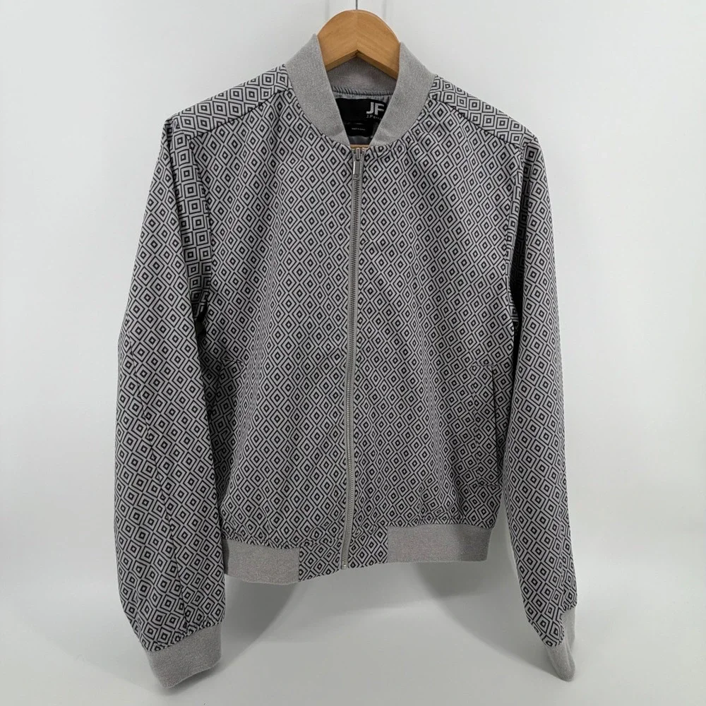 JF J Ferrar Mens Bomber Jacket Geometric Print‎ Full Zip Gray Casual Outerwear